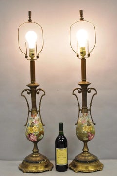 Antique Victorian Brass and Porcelain Urn Hand Painted Flower Table Lamps a Pair