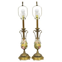 Antique Victorian Brass and Porcelain Urn Hand Painted Flower Table Lamps a Pair
