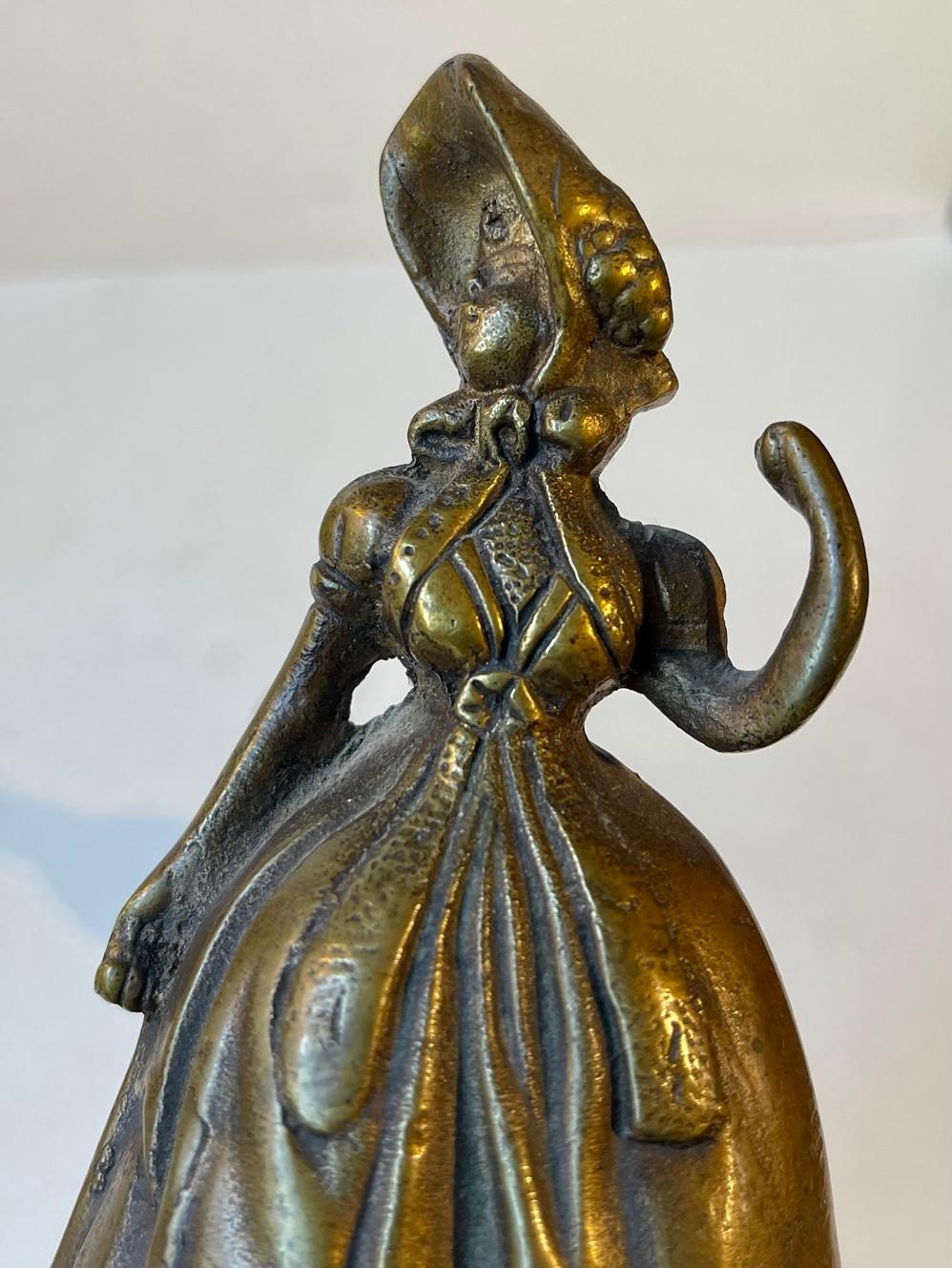 English Antique Victorian Brass Bells in Shape of Ladies, 19th Century, Set of 2 For Sale