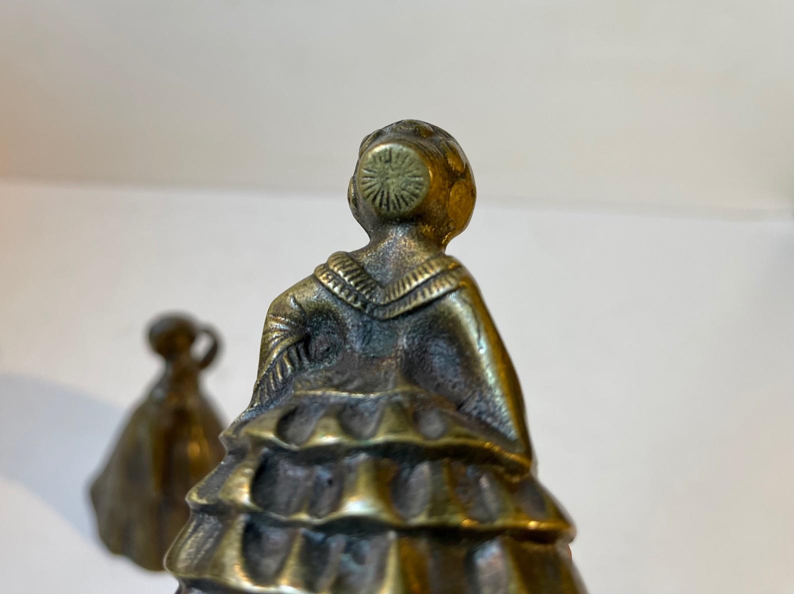 Cast Antique Victorian Brass Bells in Shape of Ladies, 19th Century, Set of 2 For Sale