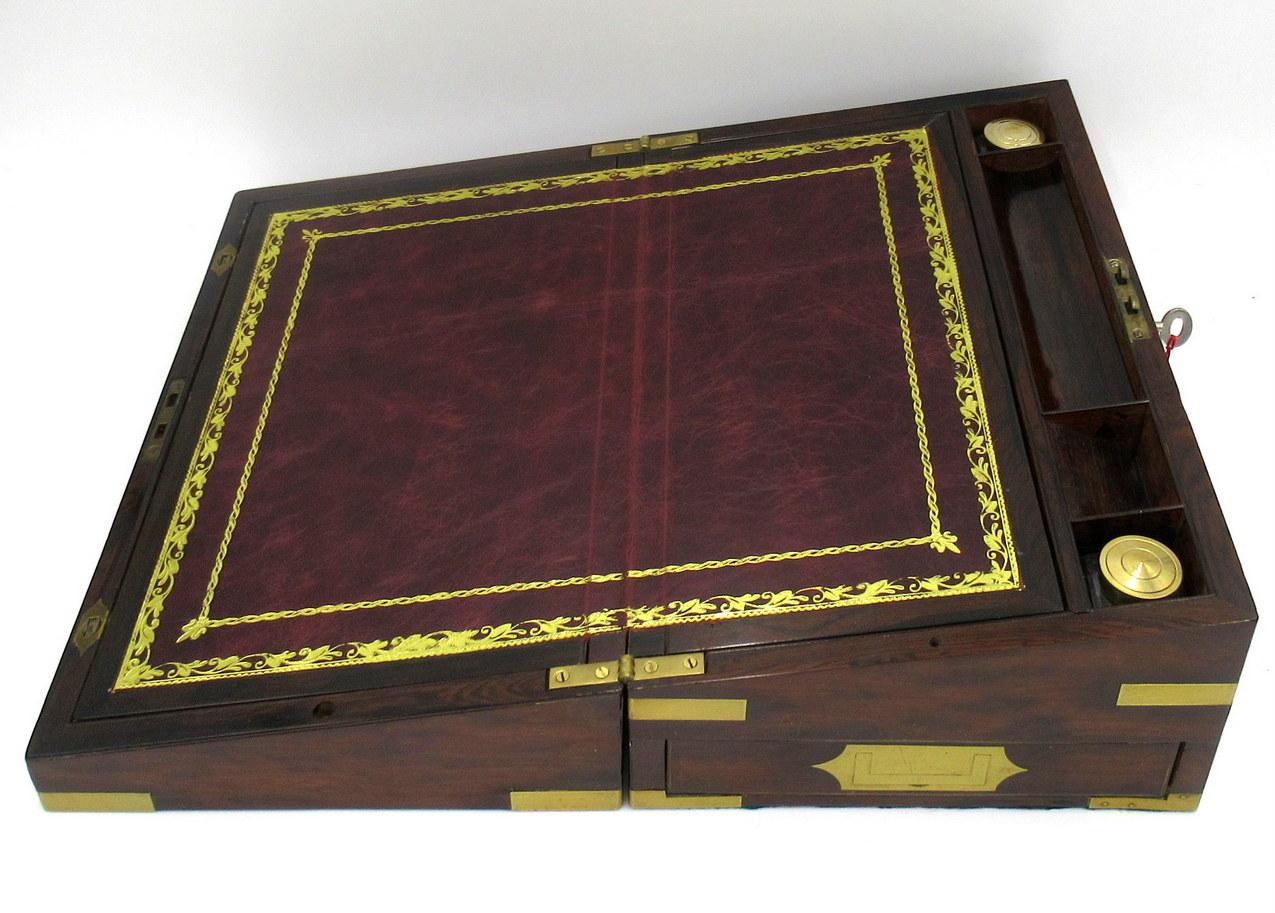 Antique Victorian Brass Bound Traveling Desk Mahogany Wooden Writing Slope Box 3