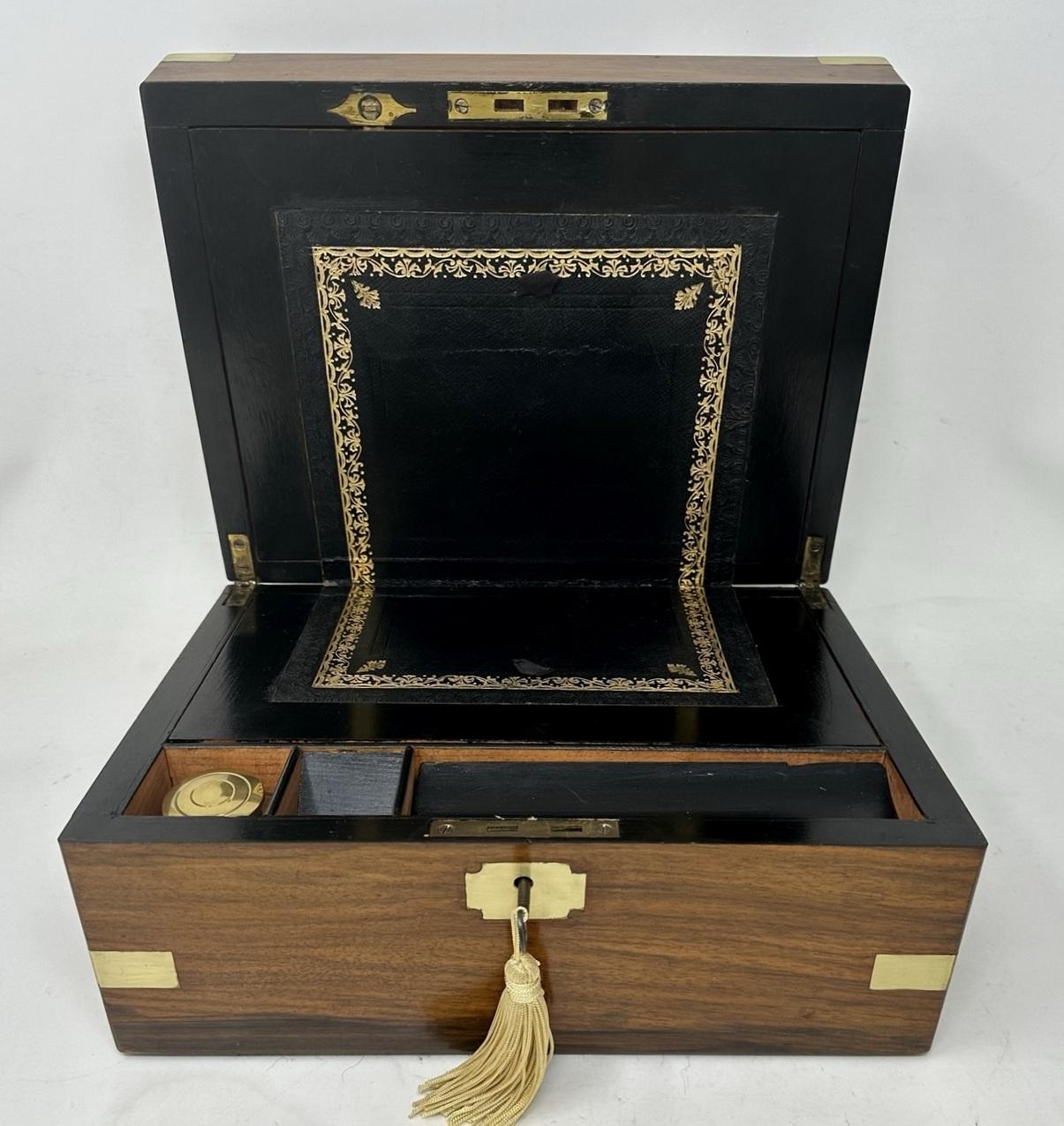 Antique Victorian Brass Bound Traveling Desk Mahogany Wooden Writing Slope Box In Good Condition In Dublin, Ireland