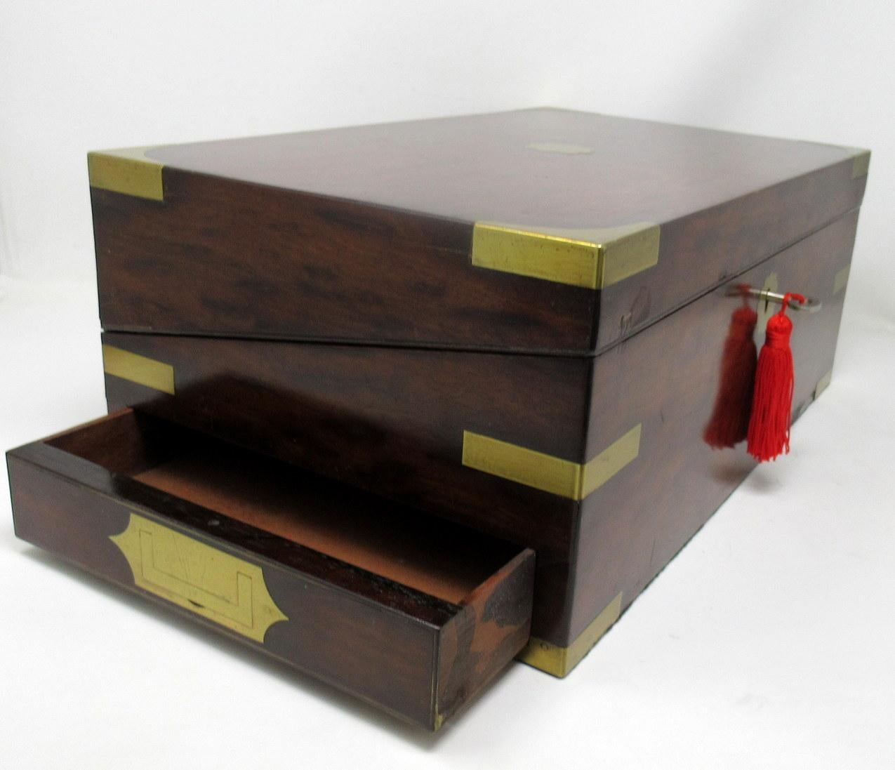 19th Century Antique Victorian Brass Bound Traveling Desk Mahogany Wooden Writing Slope Box