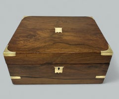 Antique Victorian Brass Bound Traveling Desk Walnut Wooden Writing Slope Box 19C