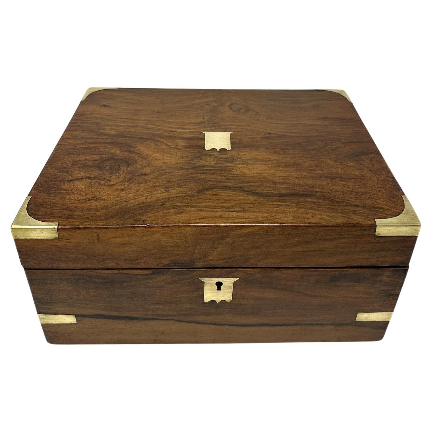 Antique Victorian Brass Bound Traveling Desk Walnut Wooden Writing Slope Box 19C
