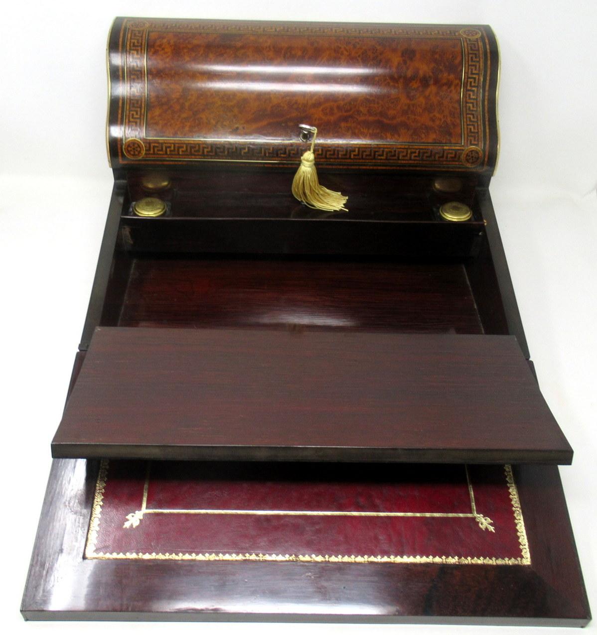 Antique Victorian Brass Burl Walnut Traveling Desk Wooden Writing Slope Box 19Ct 5