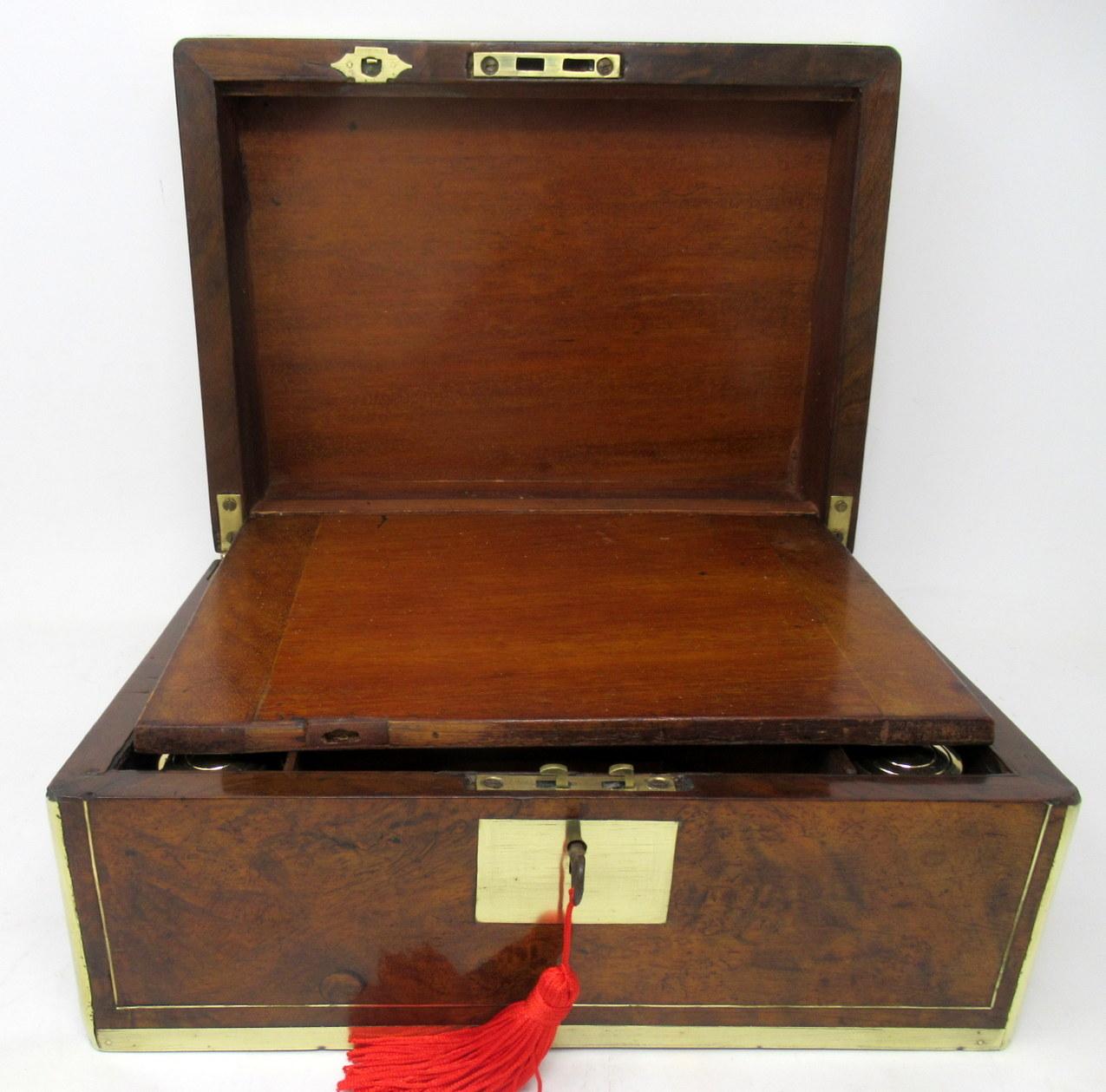 Antique Victorian Brass Burl Walnut Traveling Desk Wooden Writing Slope Box 19ct 5