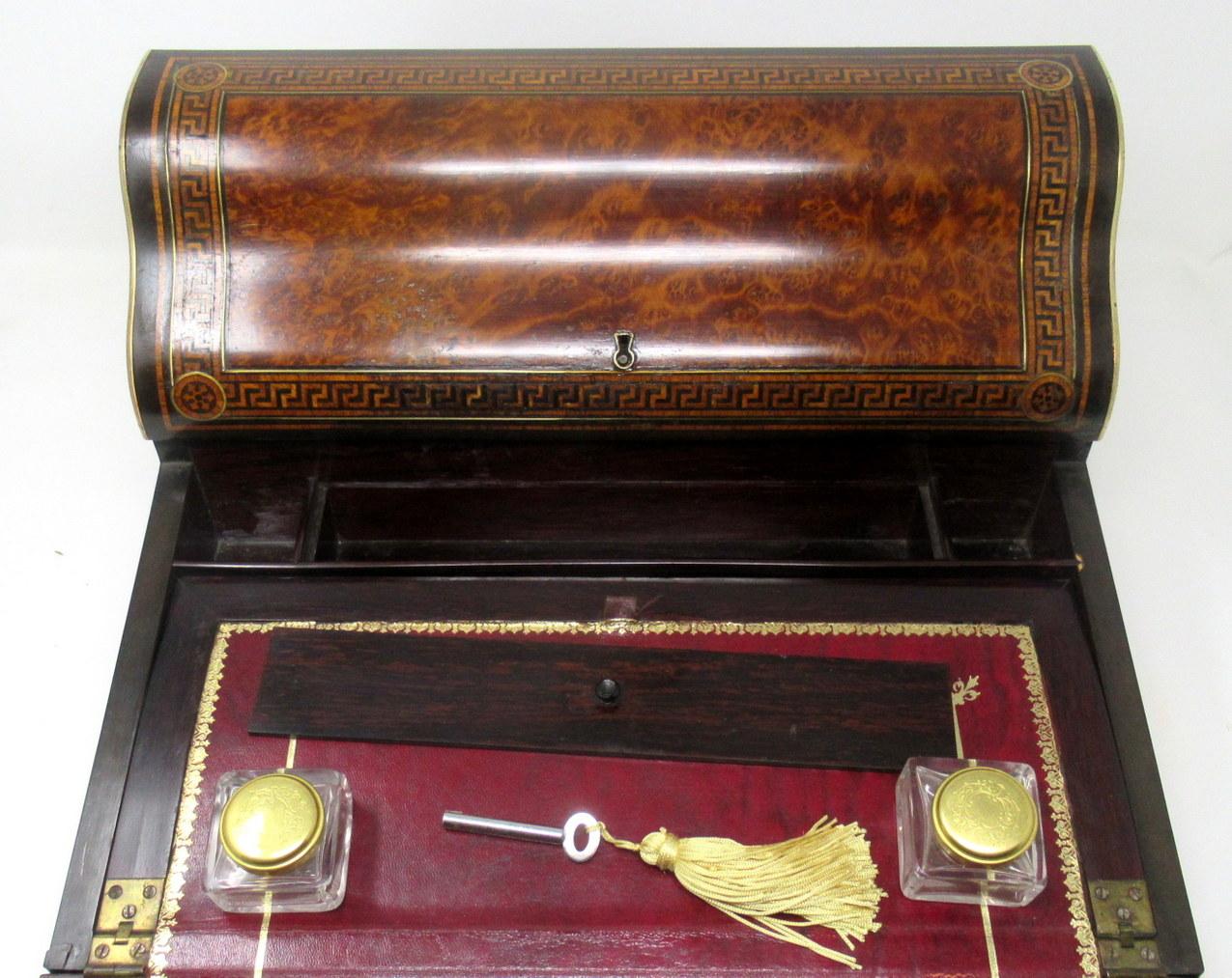 Antique Victorian Brass Burl Walnut Traveling Desk Wooden Writing Slope Box 19Ct 6
