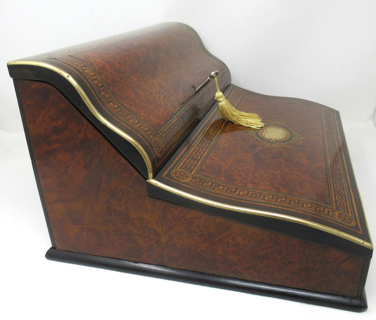 Antique Victorian Brass Burl Walnut Traveling Desk Wooden Writing Slope Box 19Ct 7