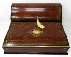 Antique Victorian Brass Burl Walnut Traveling Desk Wooden Writing Slope Box 19Ct