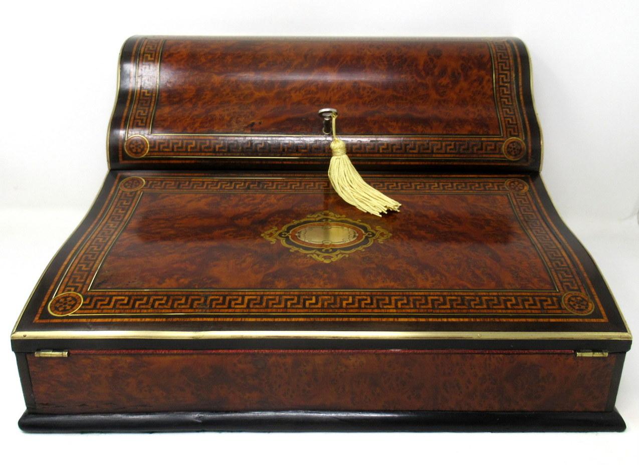 English Antique Victorian Brass Burl Walnut Traveling Desk Wooden Writing Slope Box 19Ct