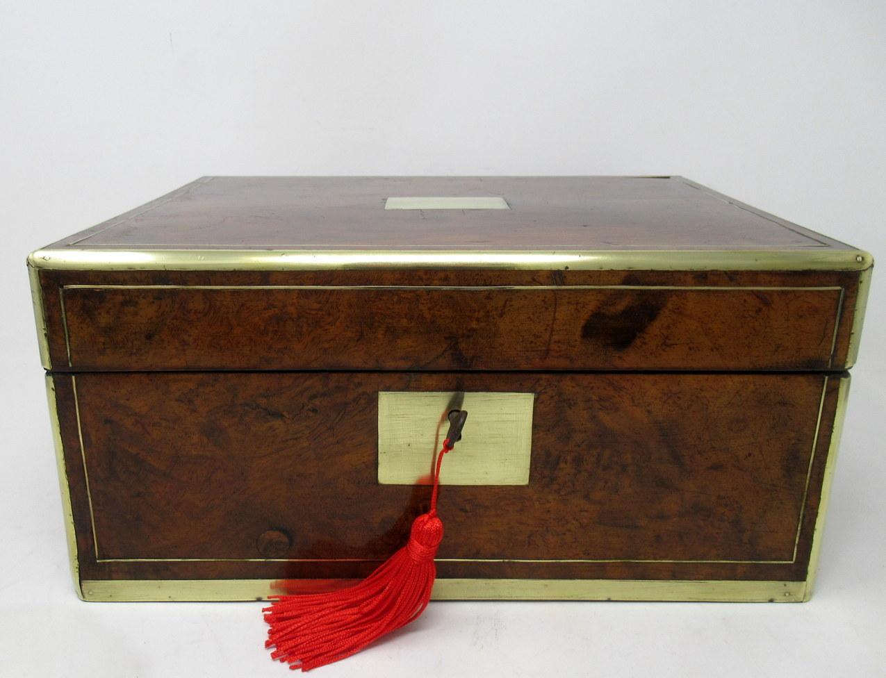 English Antique Victorian Brass Burl Walnut Traveling Desk Wooden Writing Slope Box 19ct