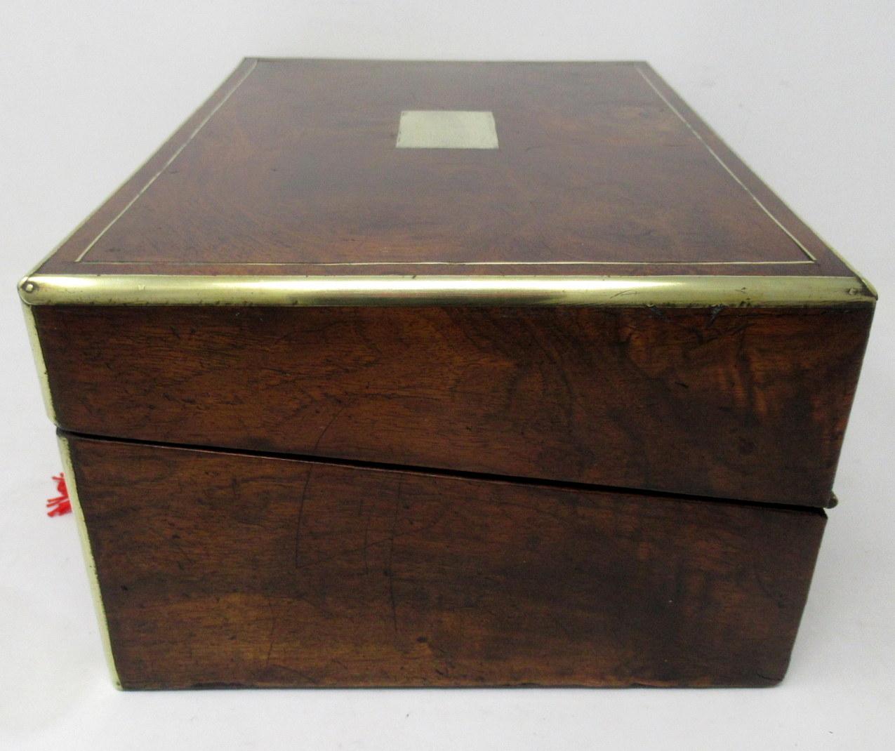 19th Century Antique Victorian Brass Burl Walnut Traveling Desk Wooden Writing Slope Box 19ct