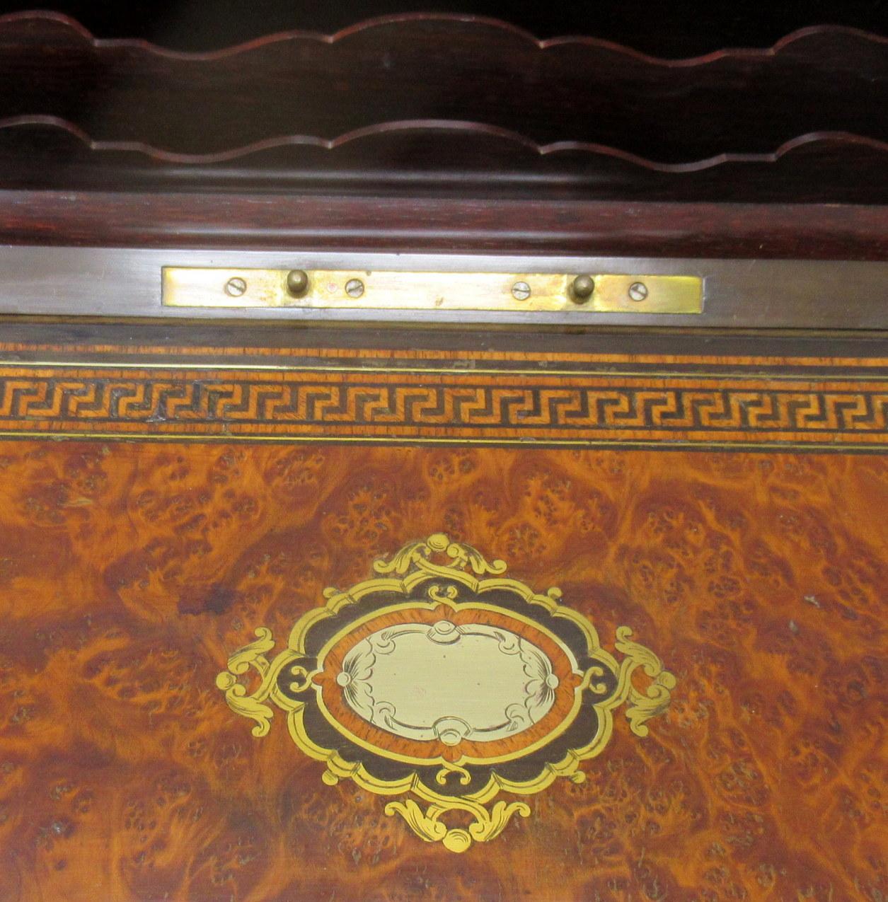 Antique Victorian Brass Burl Walnut Traveling Desk Wooden Writing Slope Box 19Ct 1