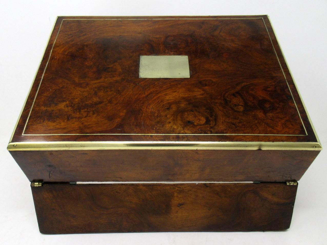 Antique Victorian Brass Burl Walnut Traveling Desk Wooden Writing Slope Box 19ct 1