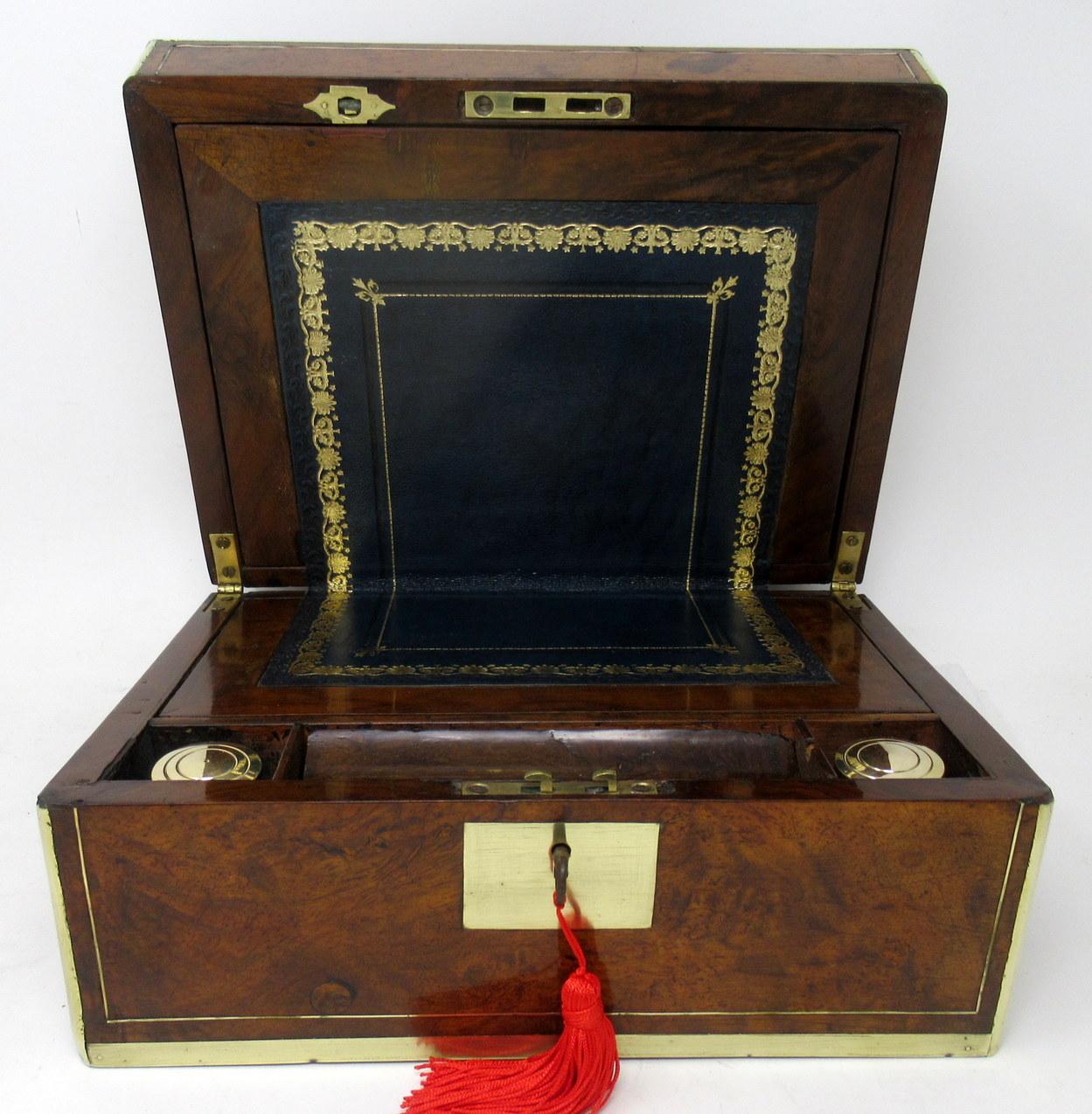 Antique Victorian Brass Burl Walnut Traveling Desk Wooden Writing Slope Box 19ct 2