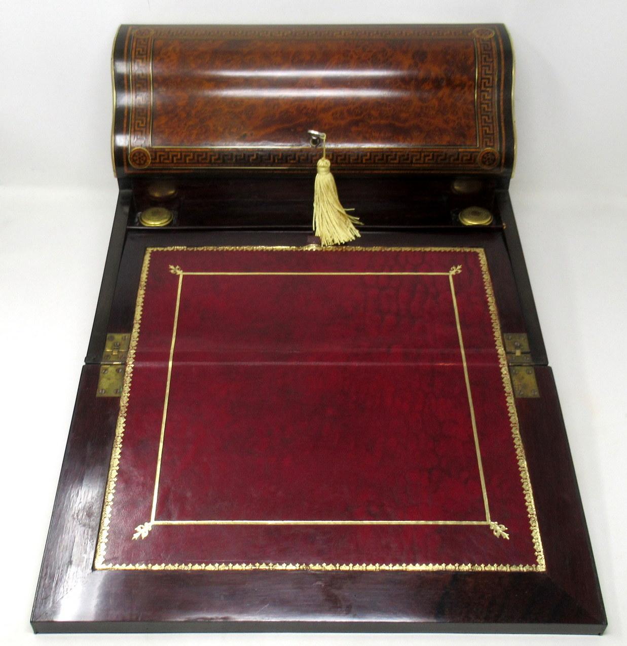 Antique Victorian Brass Burl Walnut Traveling Desk Wooden Writing Slope Box 19Ct 3