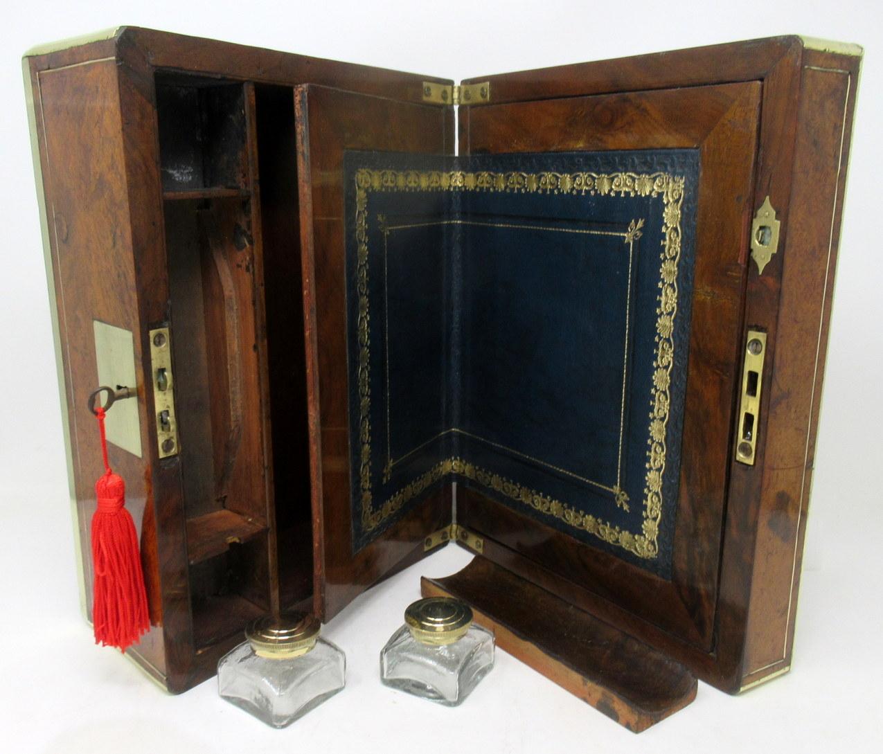 Antique Victorian Brass Burl Walnut Traveling Desk Wooden Writing Slope Box 19ct 3