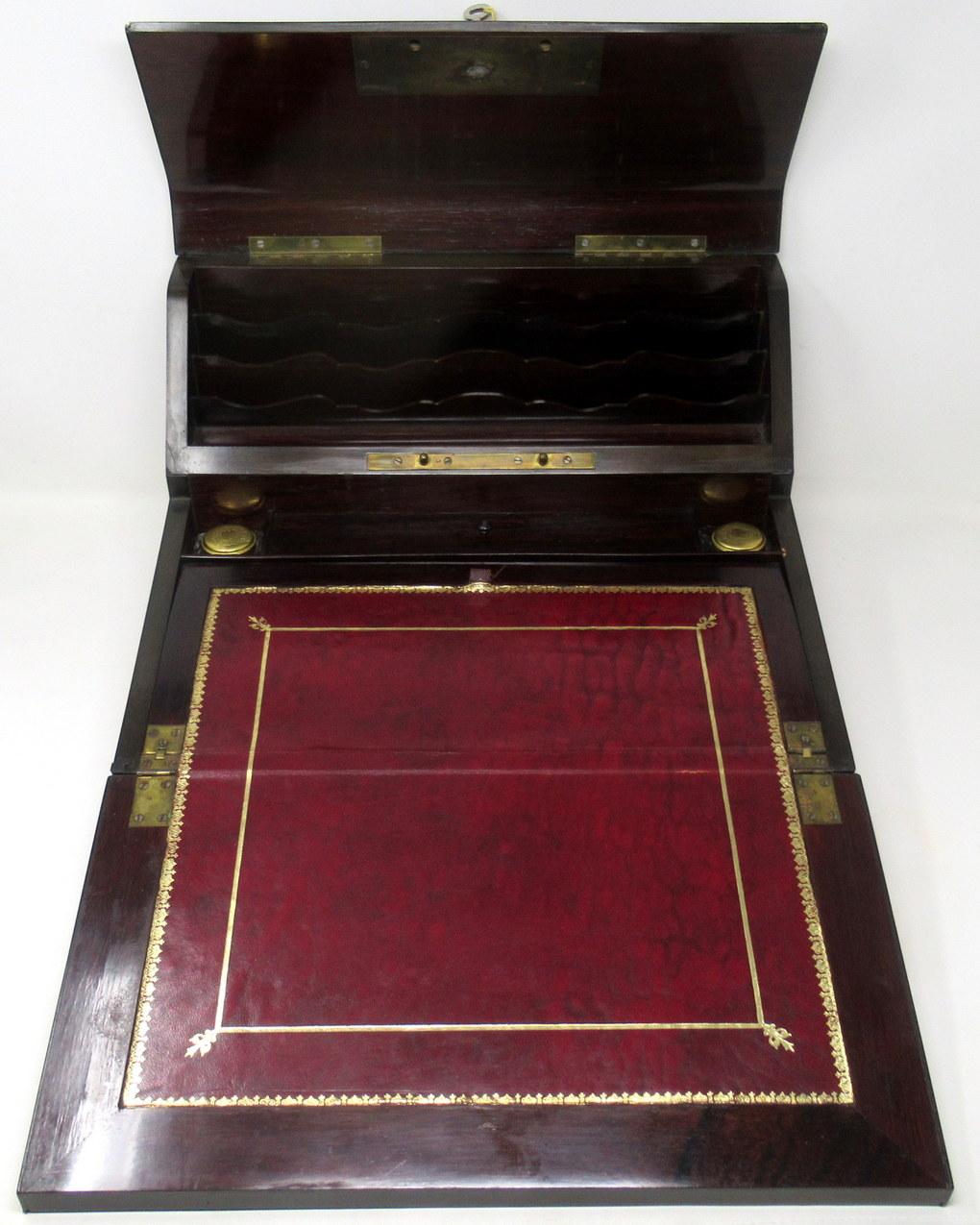 Antique Victorian Brass Burl Walnut Traveling Desk Wooden Writing Slope Box 19Ct 4