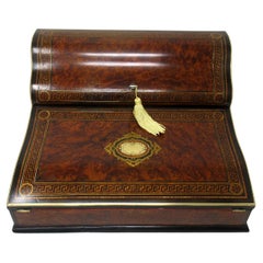 Antique Victorian Brass Burl Walnut Traveling Desk Wooden Writing Slope Box 19Ct