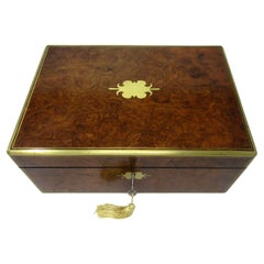 Antique Victorian Brass Burl Walnut Traveling Desk Wooden Writing Slope Box 19ct