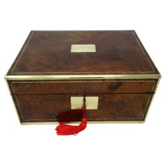 Antique Victorian Brass Burl Walnut Traveling Desk Wooden Writing Slope Box 19ct