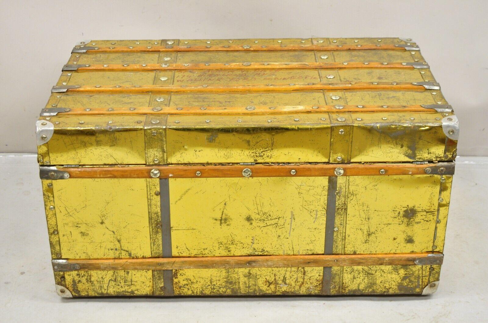 Antique Victorian Brass Clad Wooden Band Train Trunk Storage Treasure Chest For Sale 3