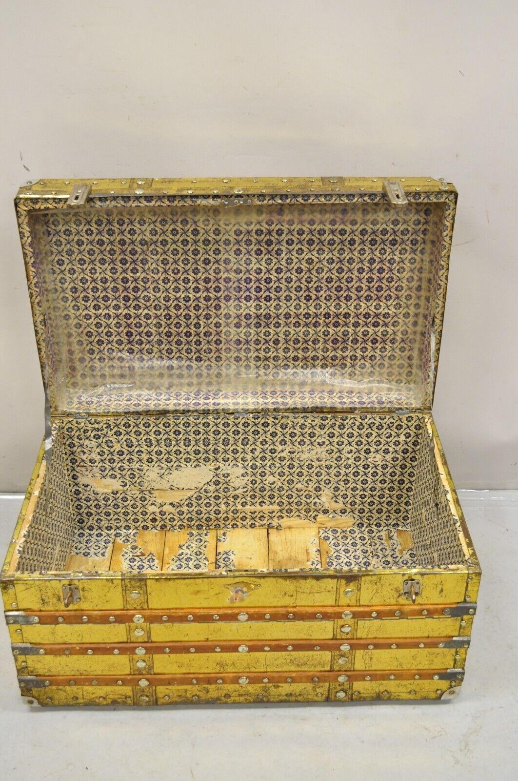Antique Victorian Brass Clad Wooden Band Train Trunk Storage Treasure Chest In Good Condition For Sale In Philadelphia, PA