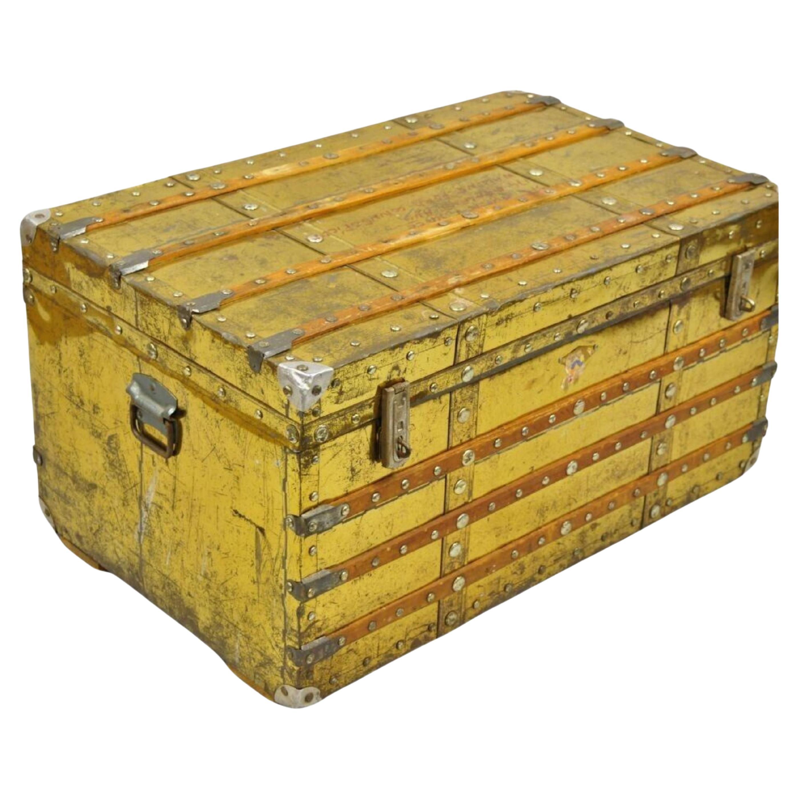 Antique Victorian Brass Clad Wooden Band Train Trunk Storage Treasure Chest For Sale