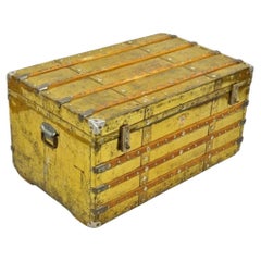 Antique Victorian Brass Clad Wooden Band Train Trunk Storage Treasure Chest