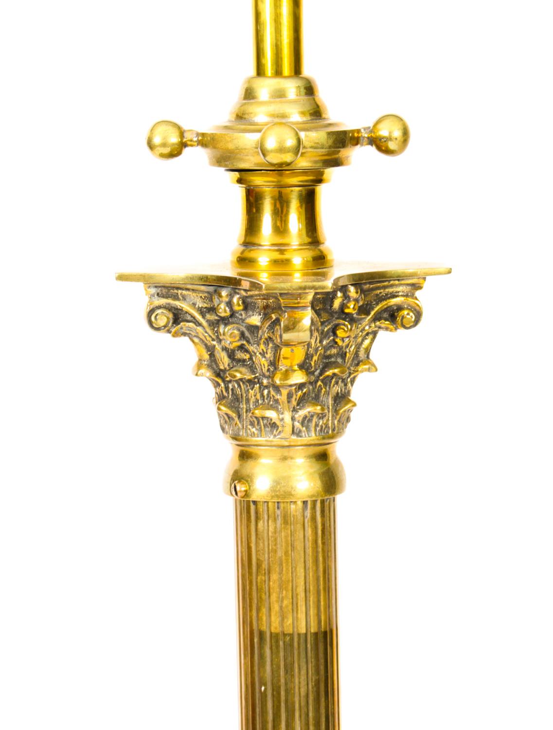 English Antique Victorian Brass Corinthian Column Adjustable Standard Lamp 19th C