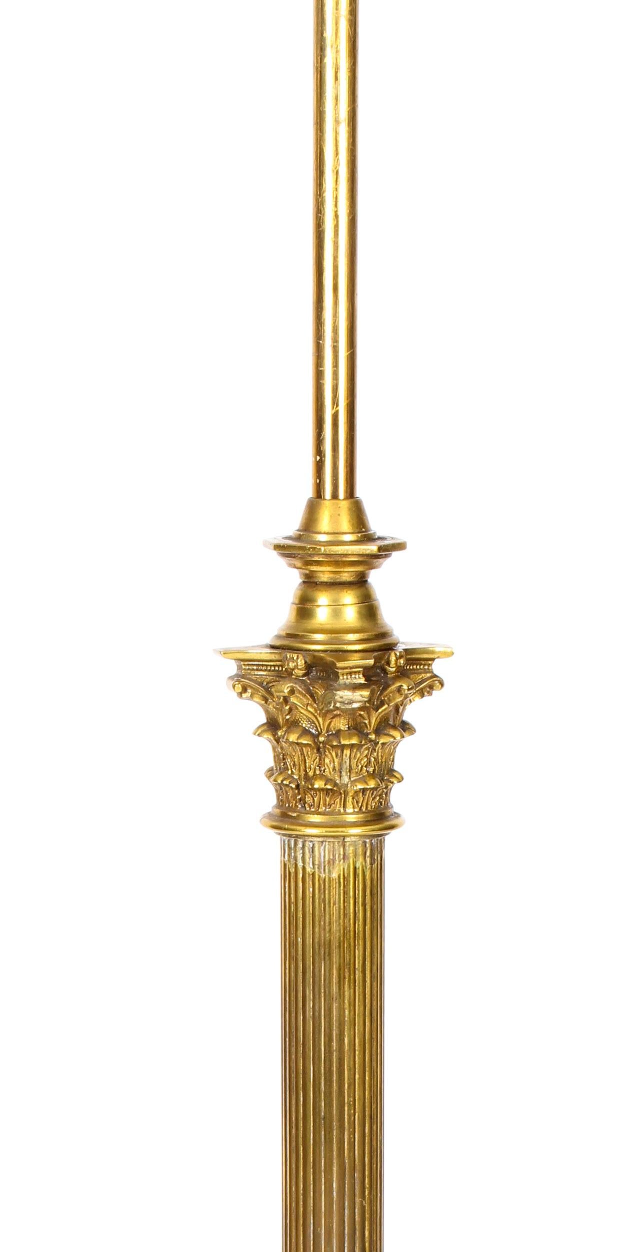 English Antique Victorian Brass Corinthian Column Adjustable Standard Lamp 19th Century