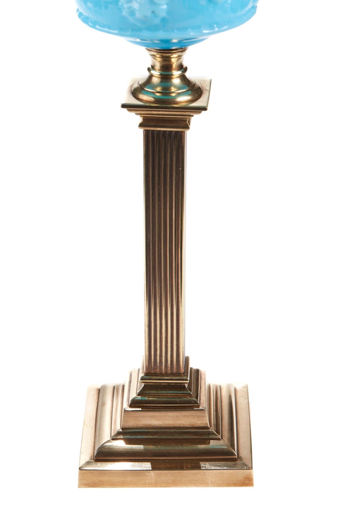Mid-19th Century Antique Victorian Brass Corinthian Column Oil Lamp