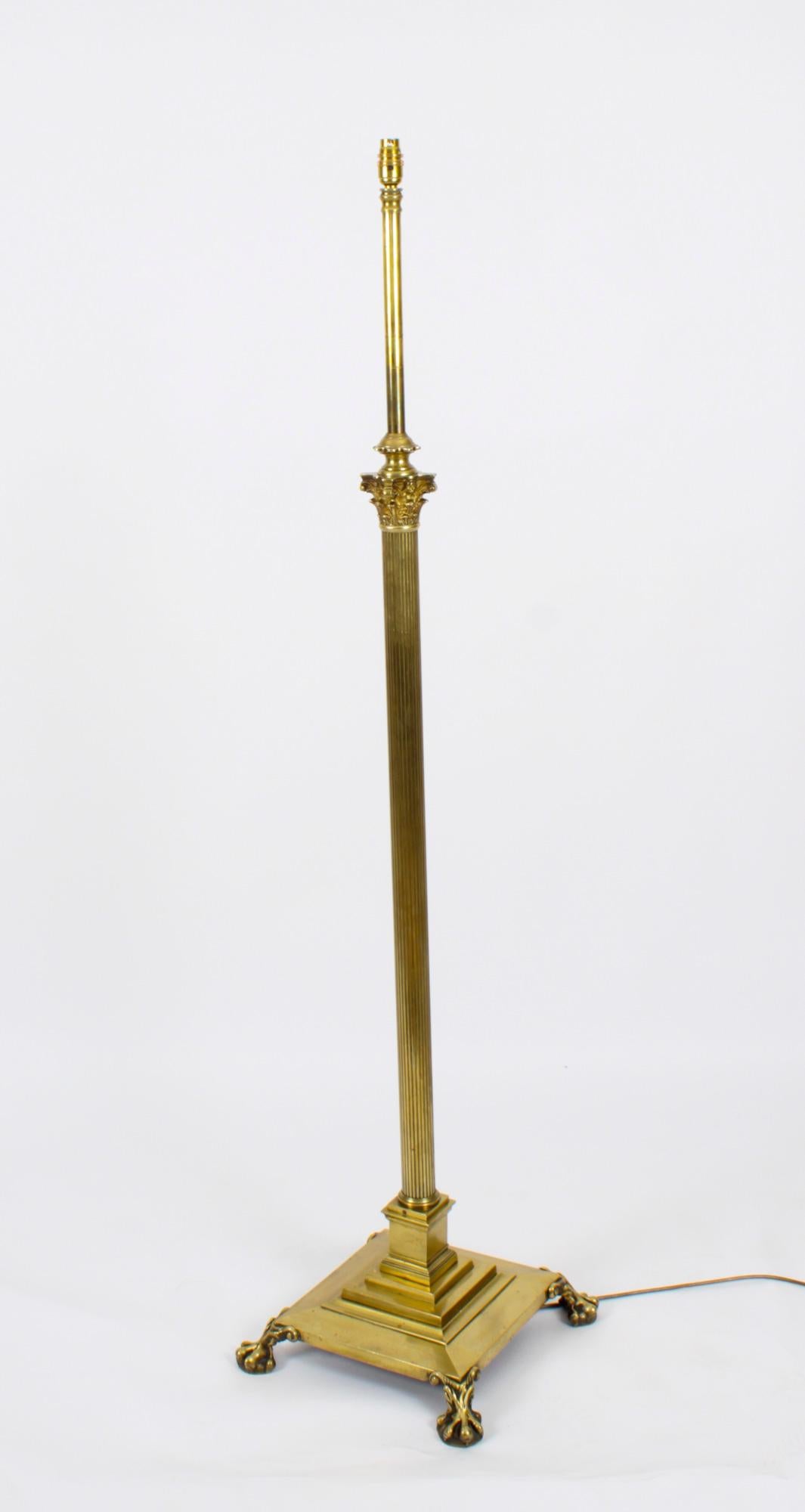 English Antique Victorian Brass Corinthian Column Telescopic Standard Lamp 19th C