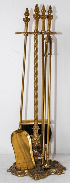 Antique Victorian Brass Five-Piece Fireplace Tool Set with Acanthus Leaf Motif