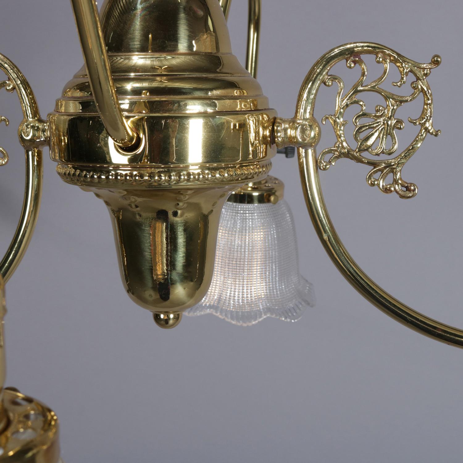 Antique Victorian Brass Gas Conversion Style Up & Down Five-Light Chandelier 3