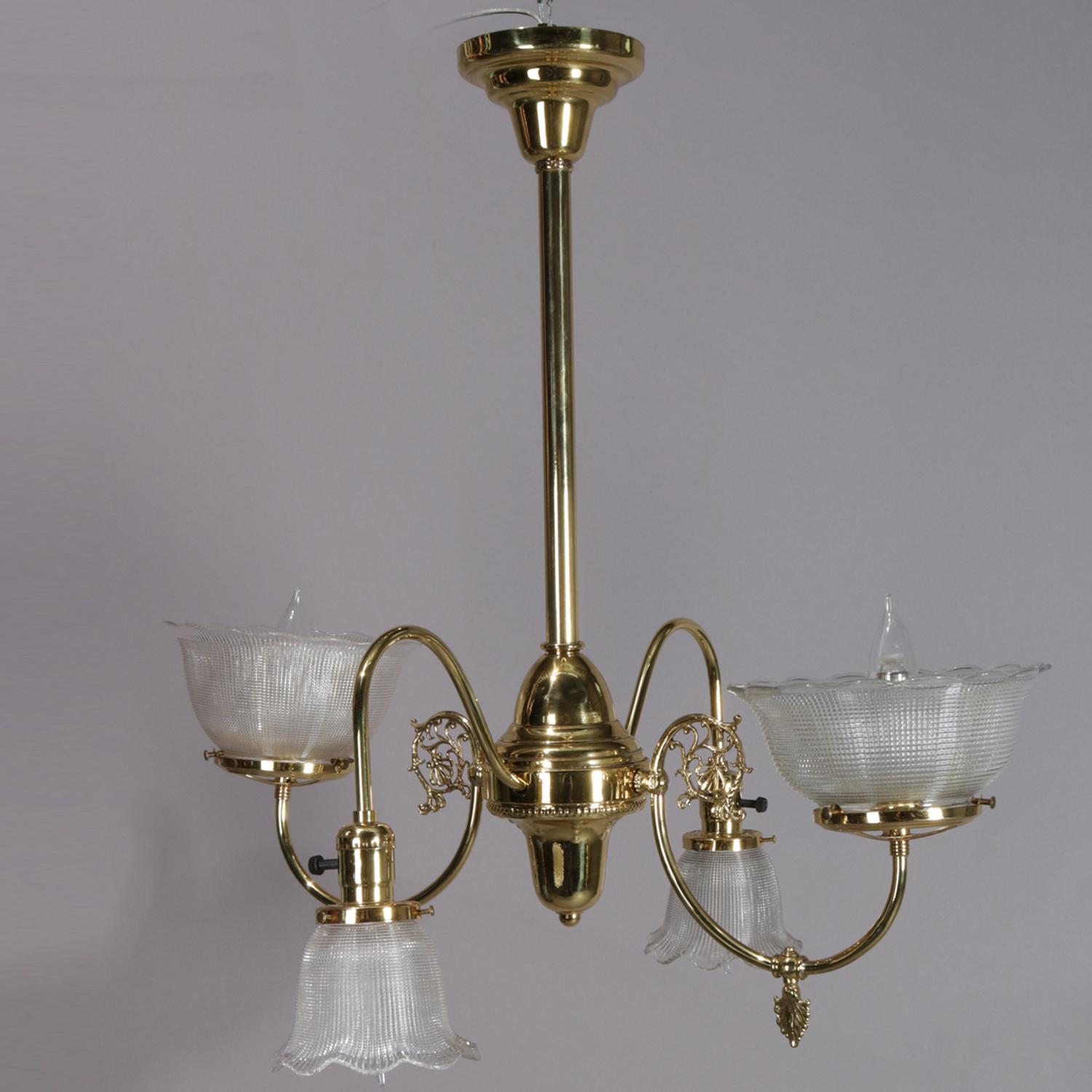 American Antique Victorian Brass Gas Conversion Style Up & Down Five-Light Chandelier