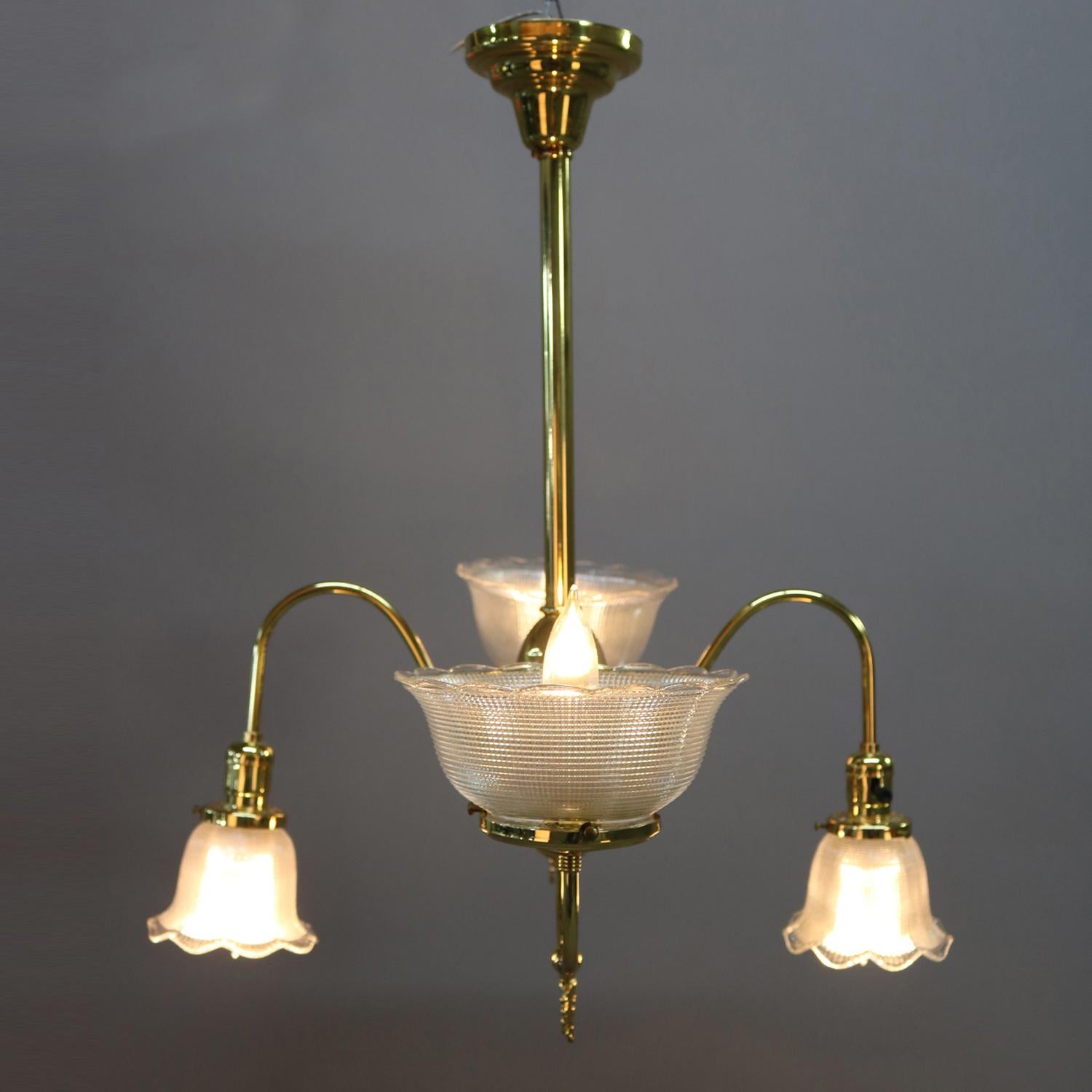 Pressed Antique Victorian Brass Gas Conversion Style Up & Down Five-Light Chandelier