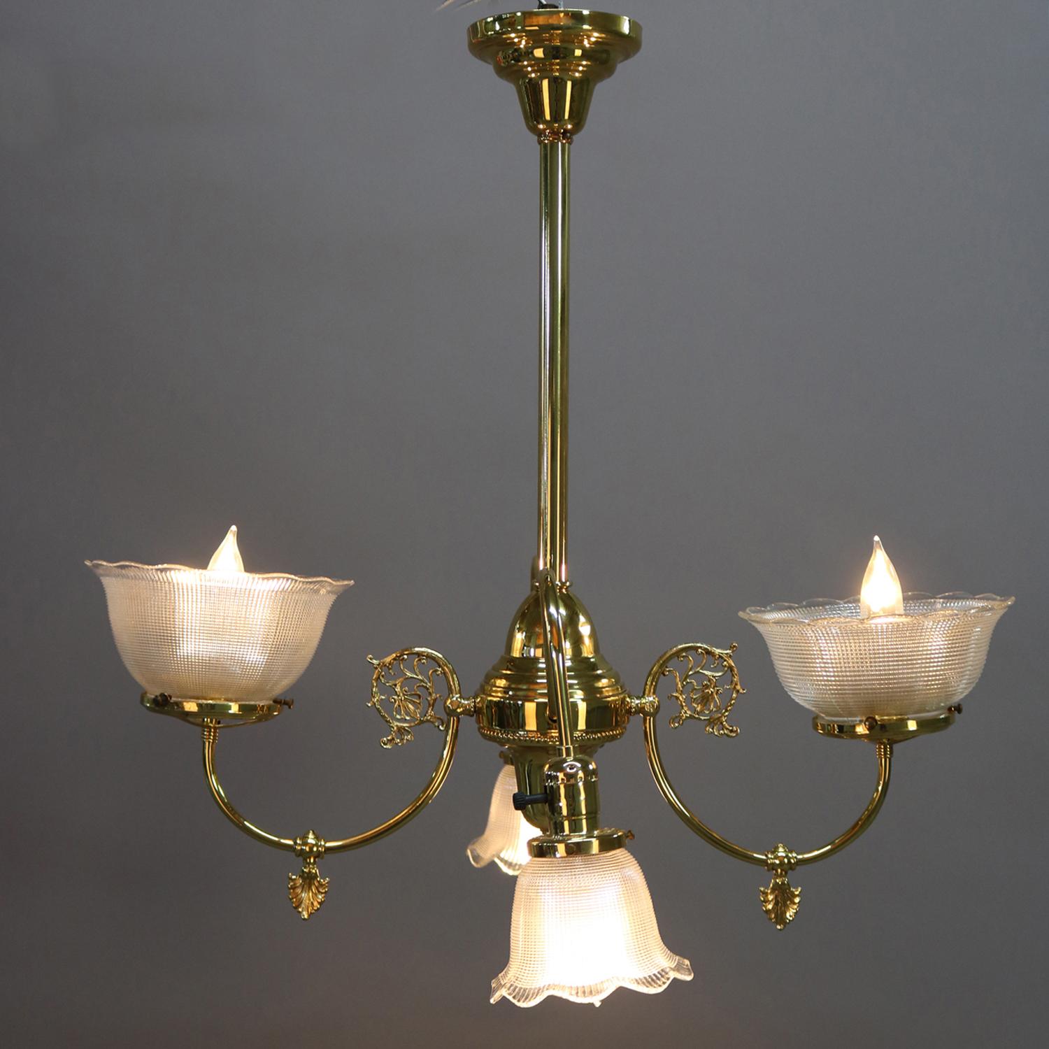 Antique Victorian Brass Gas Conversion Style Up & Down Five-Light Chandelier In Good Condition In Big Flats, NY