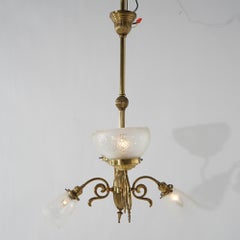 Antique Victorian Brass Gas & Electric Four Light Up & Down Chandelier 19th C