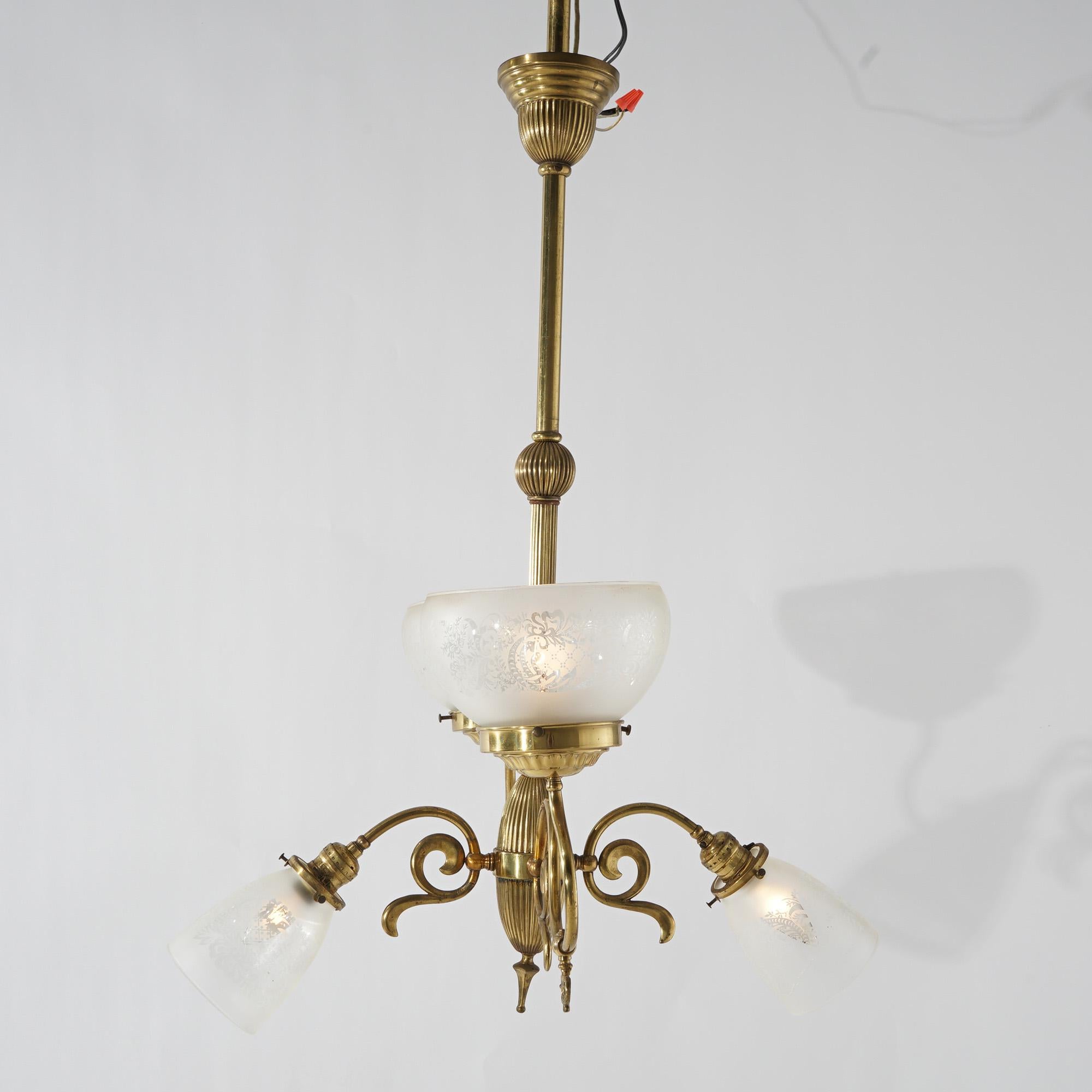American Antique Victorian Brass Gas & Electric Four Light Up & Down Chandelier 19th C