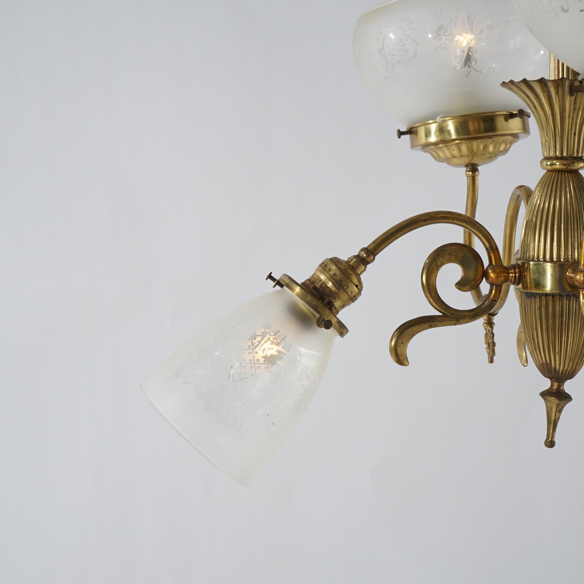 Antique Victorian Brass Gas & Electric Four Light Up & Down Chandelier 19th C In Good Condition In Big Flats, NY