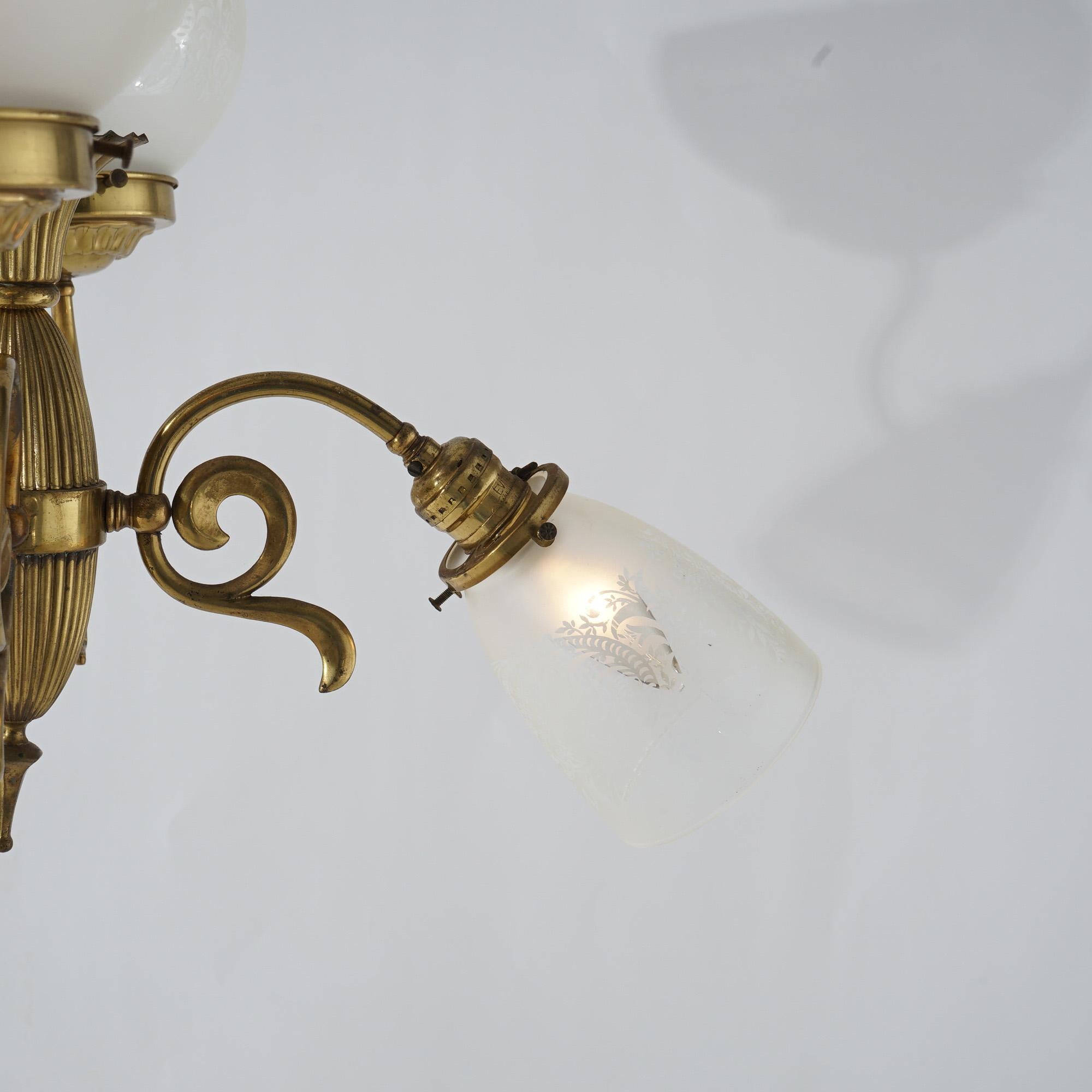 19th Century Antique Victorian Brass Gas & Electric Four Light Up & Down Chandelier 19th C