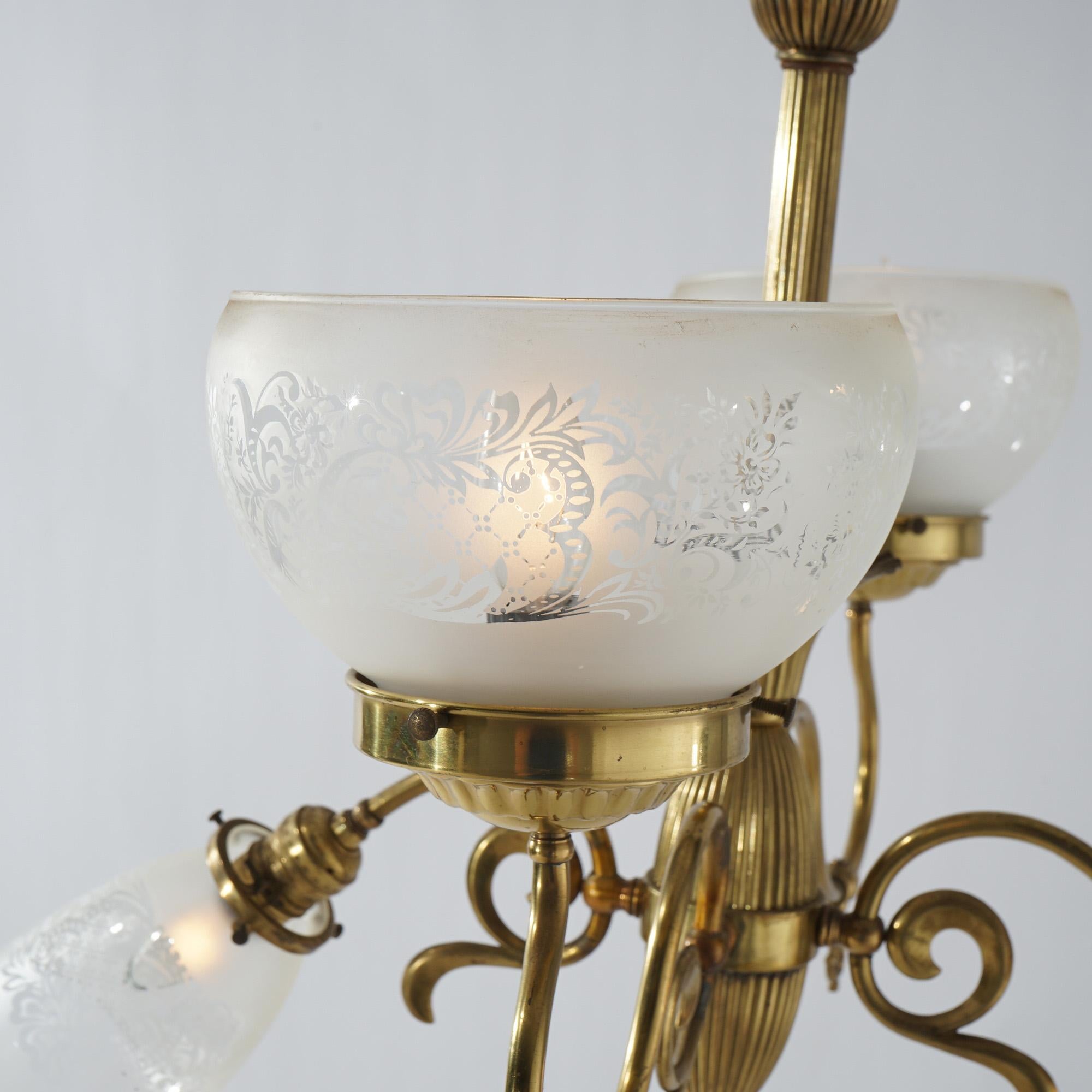 Antique Victorian Brass Gas & Electric Four Light Up & Down Chandelier 19th C 1