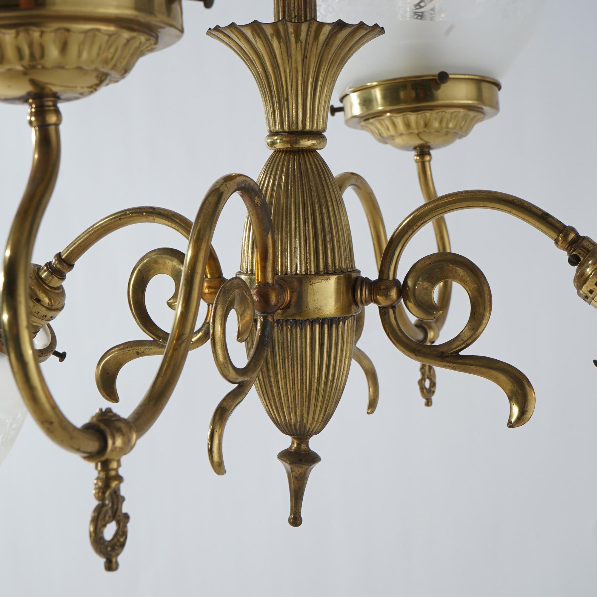 Antique Victorian Brass Gas & Electric Four Light Up & Down Chandelier 19th C 2