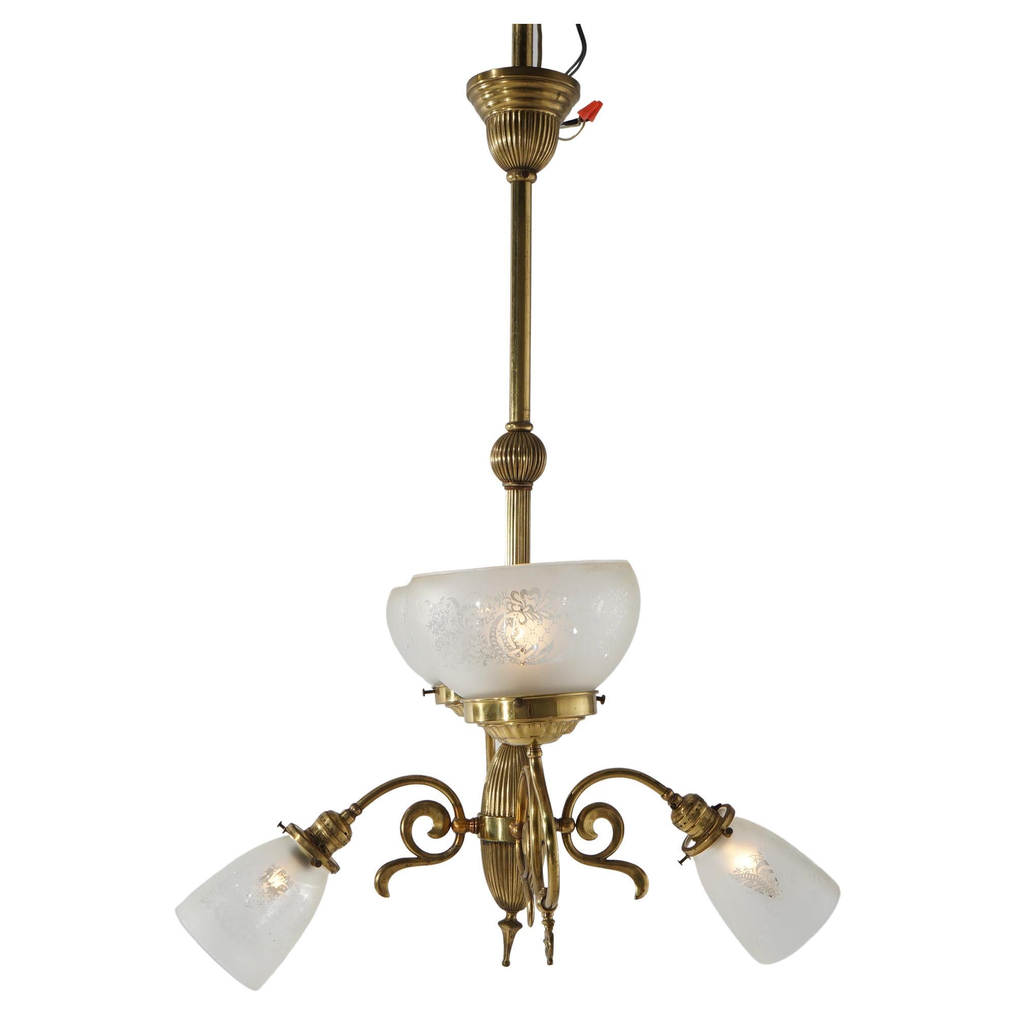 Antique Victorian Brass Gas & Electric Four Light Up & Down Chandelier 19th C