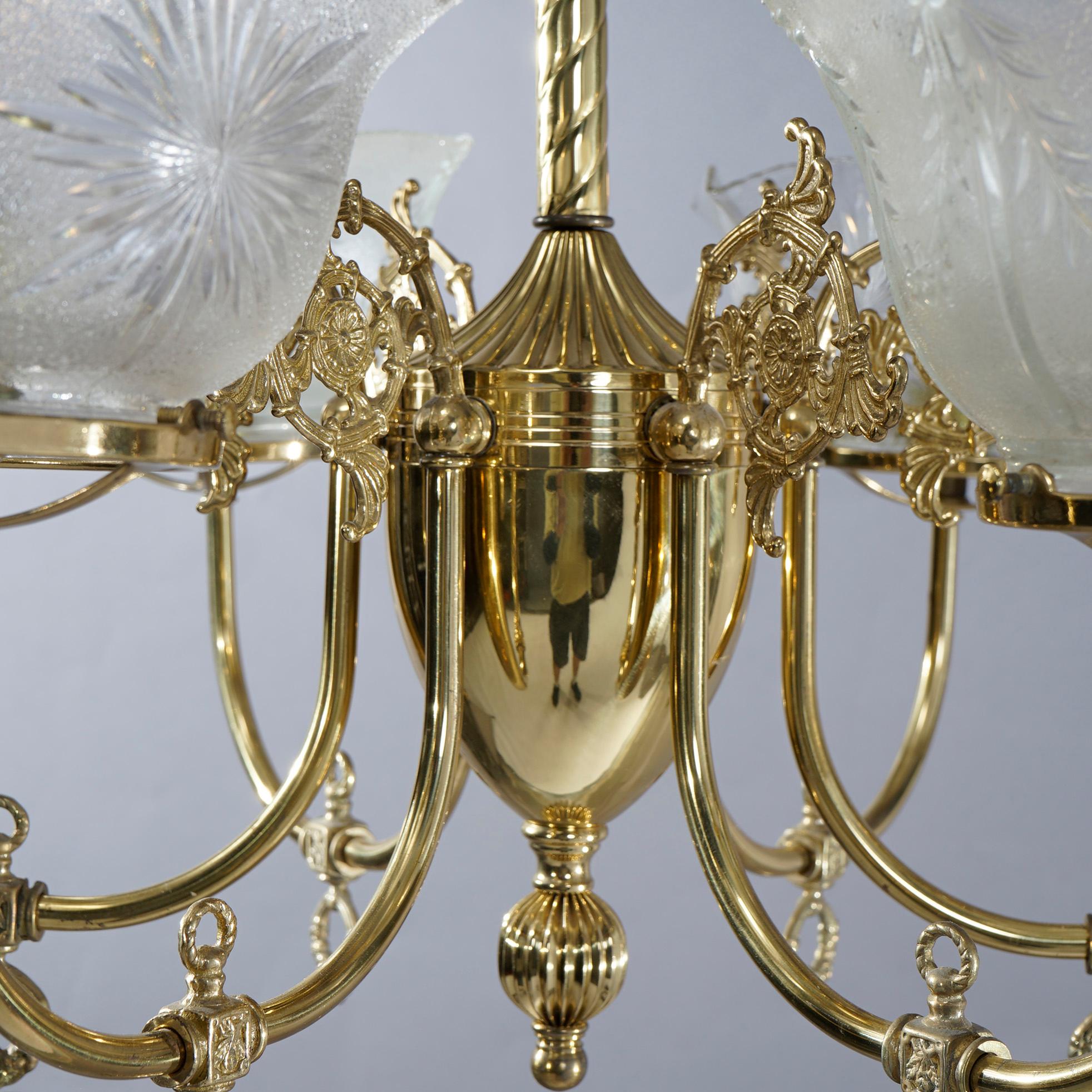 Antique Victorian Brass & Glass Six-Light Electrified Gas Chandelier, c1890 2