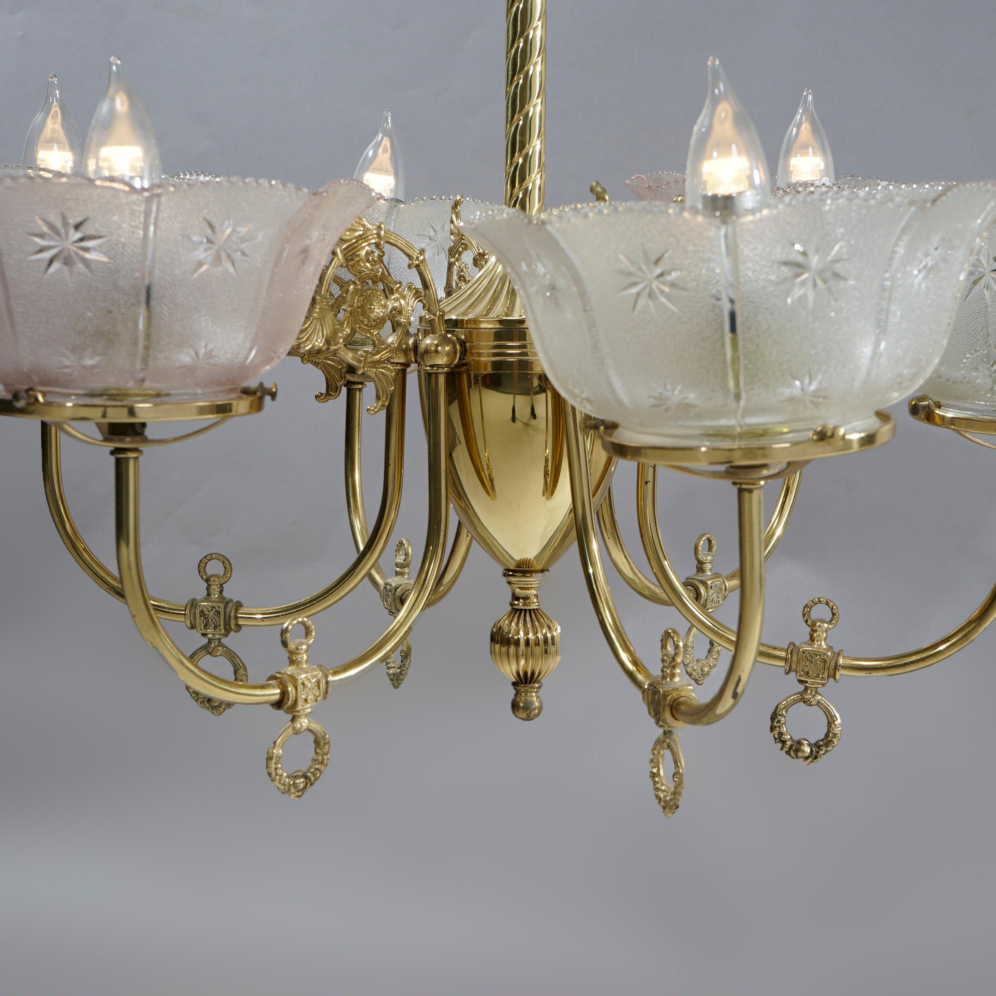 Antique Victorian Brass & Glass Six-Light Electrified Gas Chandelier, c1890 2