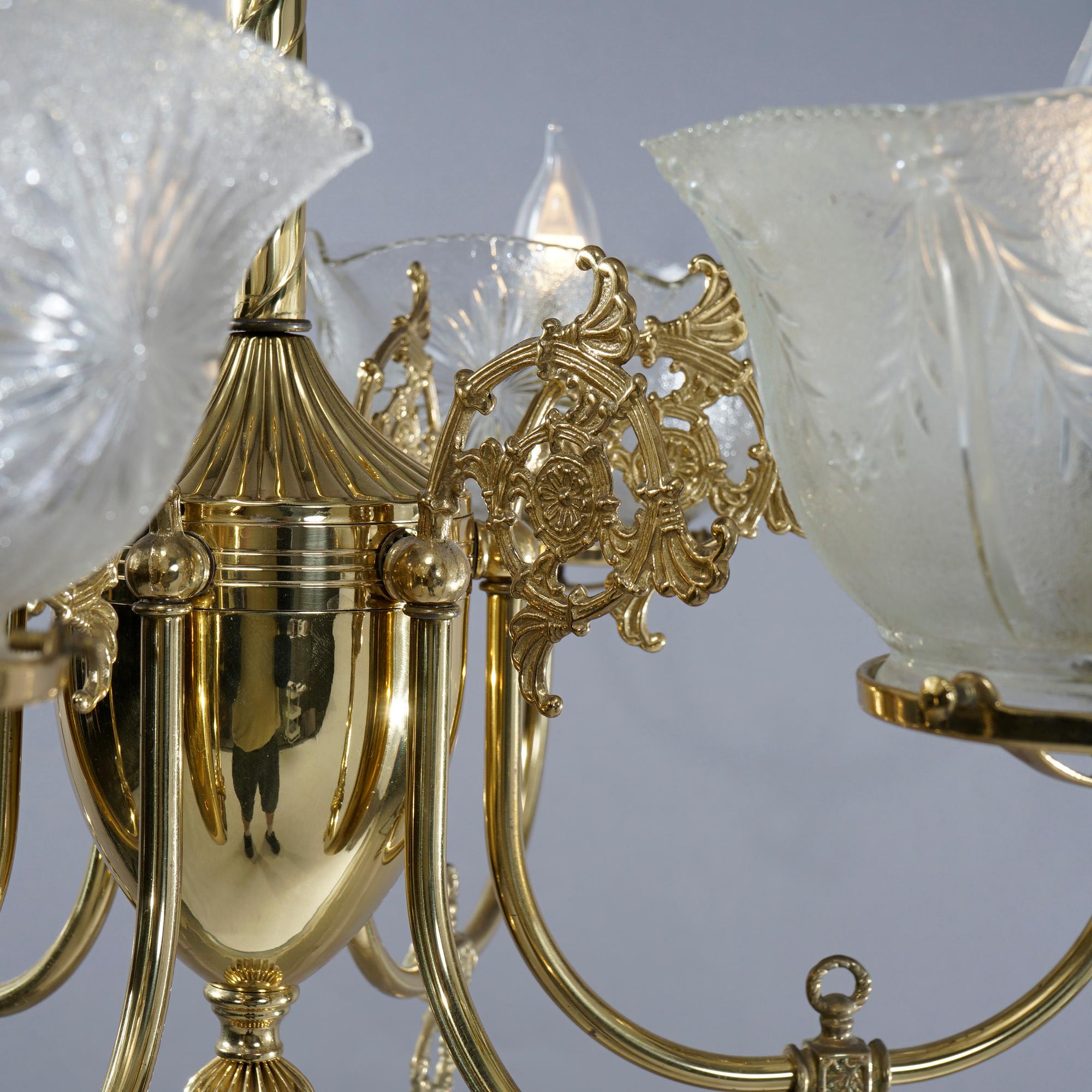 Antique Victorian Brass & Glass Six-Light Electrified Gas Chandelier, c1890 3