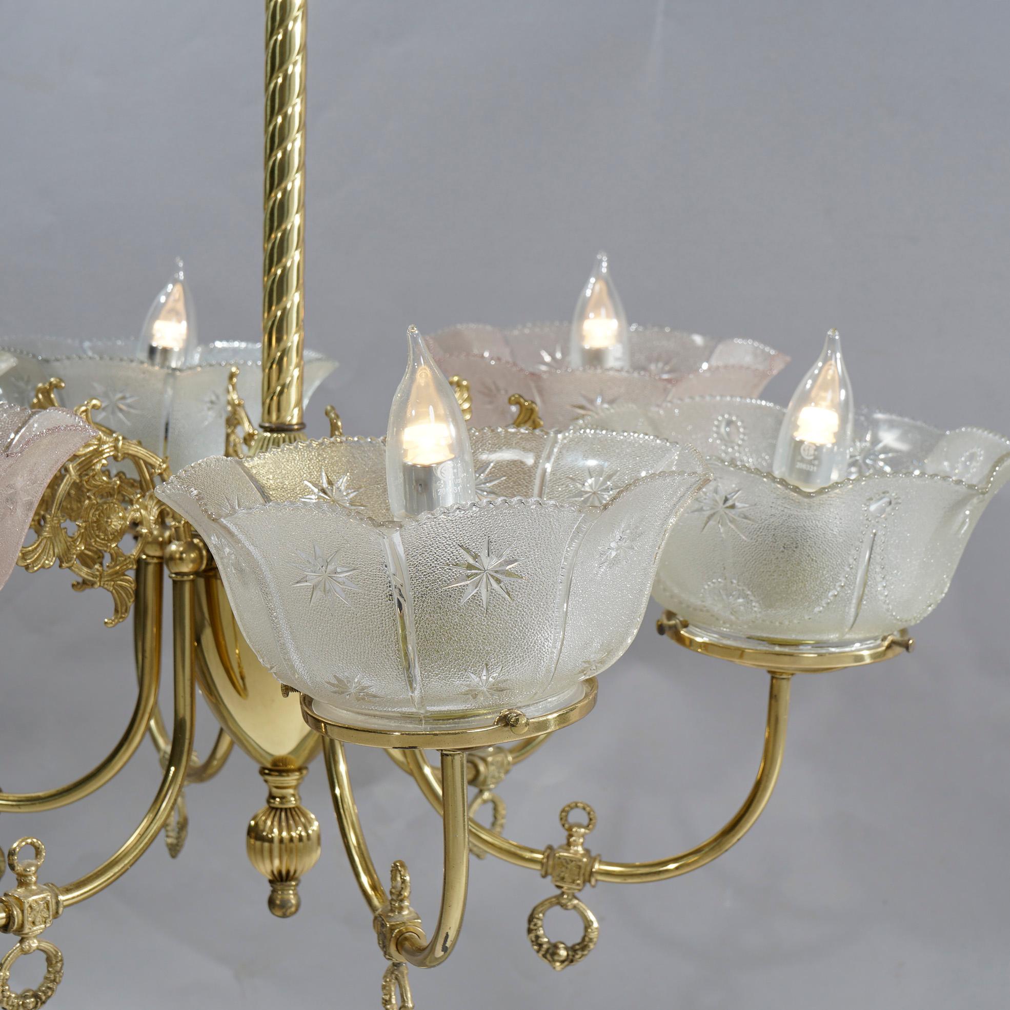 Antique Victorian Brass & Glass Six-Light Electrified Gas Chandelier, c1890 3